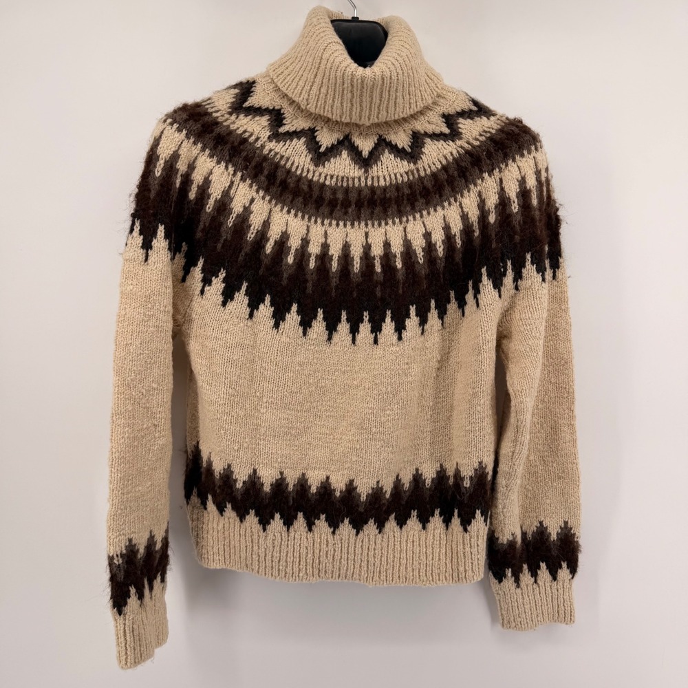Polo Ralph Lauren Sweater Womens S Cream Brown Wool Alpaca Fair Isle Turtleneck